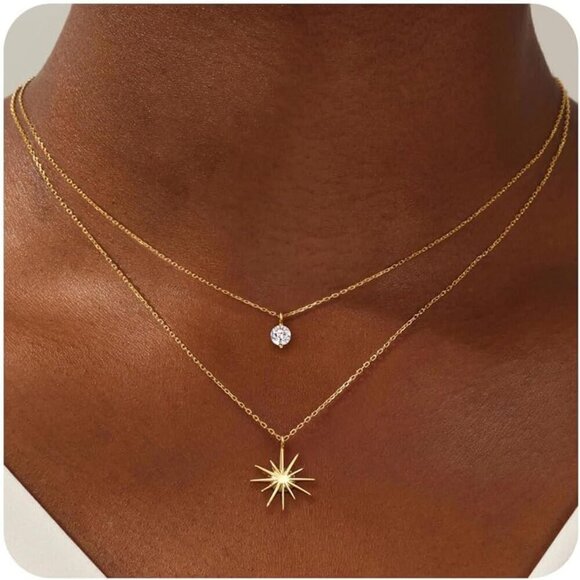 Gold Necklaces for Women, 14K Plated Dainty Layered Diamond Sun Pendant Choker S - Picture 1 of 8